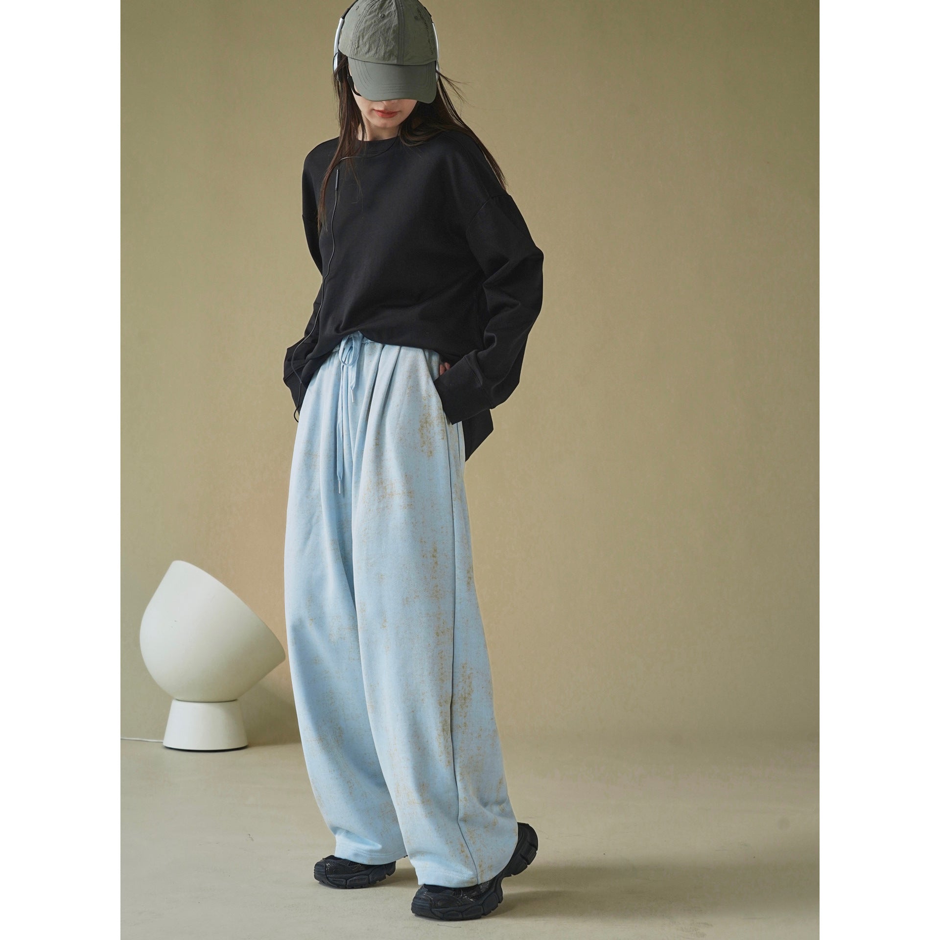 Women's Wide Lounge Palazzo Pants made of French Terry with High Waist, Elastic and Drawstring Chichicherry