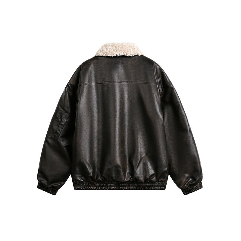 Men's aviator-inspired faux leather bomber jacket with teddy collar and sleeve utility pocket Chichicherry