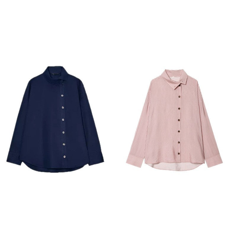 Women's Oversize Shirt Blouse with Asymmetrical Stand Collar and Extended Back Section Chichicherry