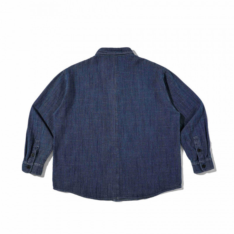Unisex Boxy Denim Overshirt in Worker Look with Patch Pockets and Rounded Hem Chichicherry