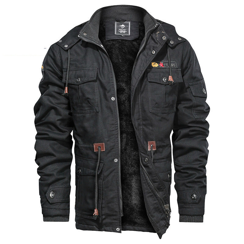 Men's Military-Inspired Canvas Field Jacket with Hood, Drawstring Waist and Fleece Lining Chichicherry