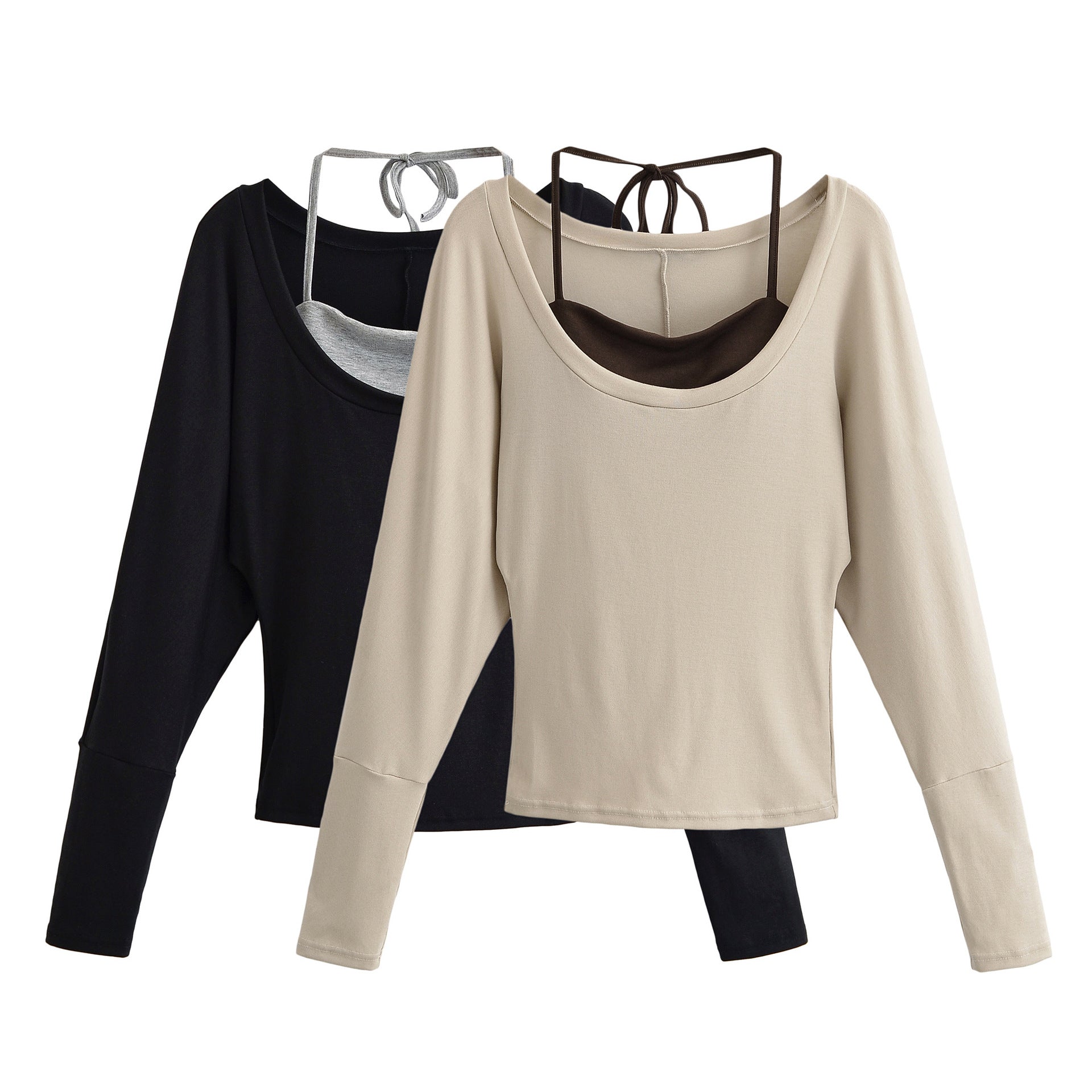 Women's Layered Long Sleeve Shirt with Integrated Spaghetti Strap Cami and Wide Round Neck Chichicherry