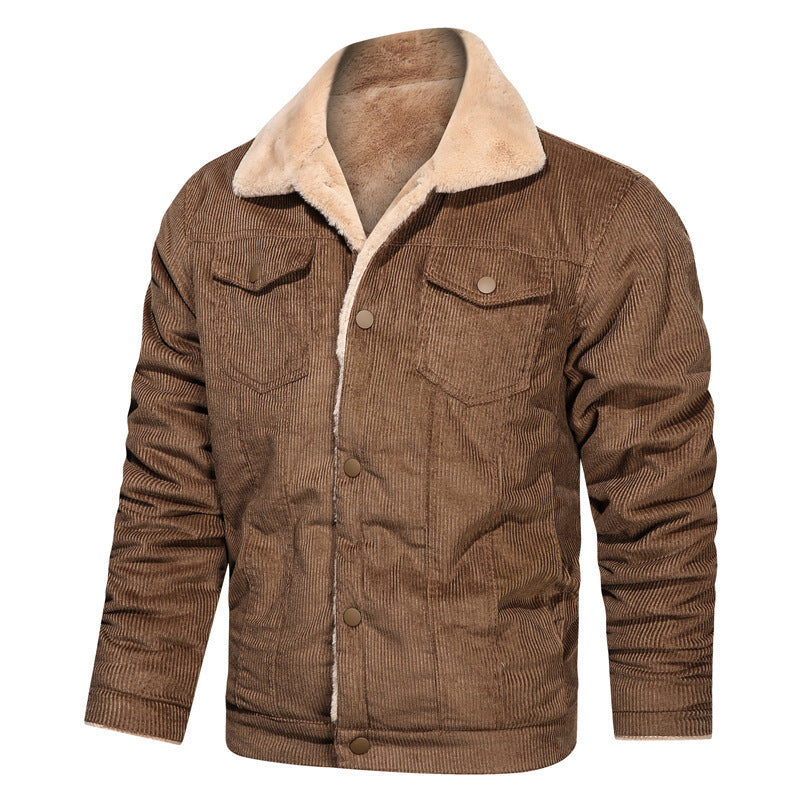 Men's Cord Truck Jacket with Teddy Lining and Snap Button Closure Chichicherry