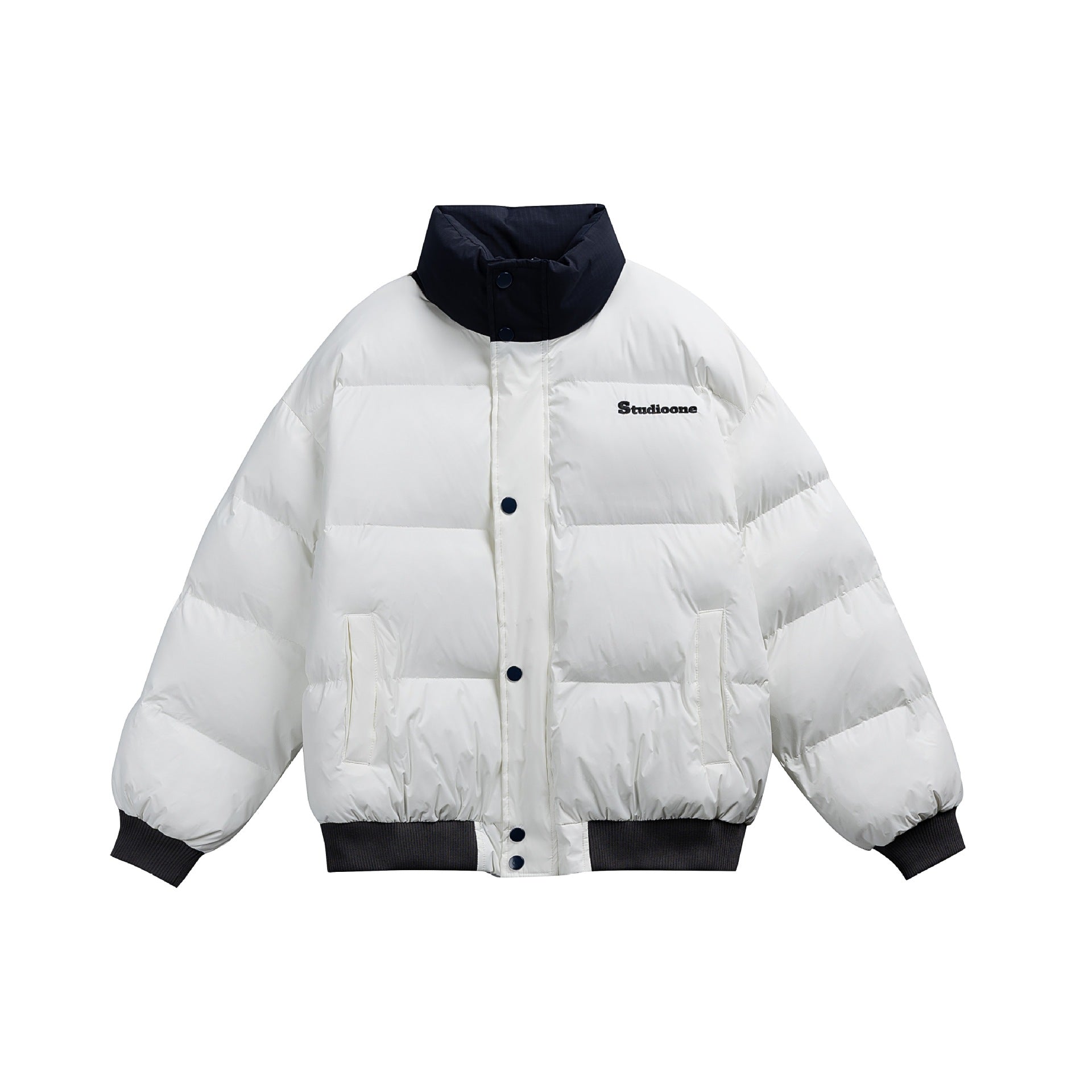 Unisex Short Cut Ultrathin Down Look Puffer with High Standing Collar and Ribbed Cuff Chichicherry
