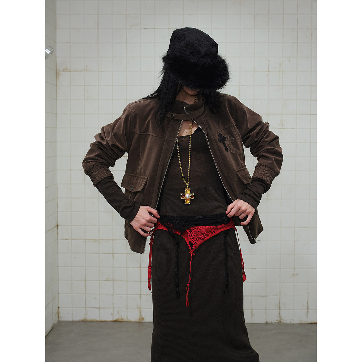 Men's short cut velour blouson jacket with funnel collar, patch pockets, and decorative cross application Chichicherry