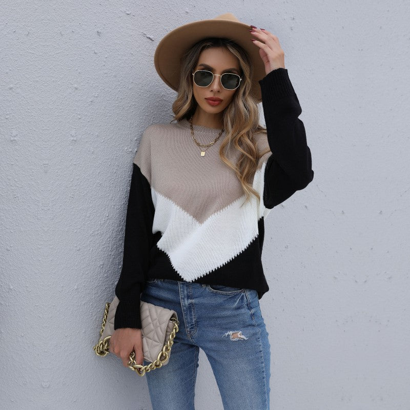 Women's Oversized Fine Knit Sweater with Chevron Color Block and Round Neck