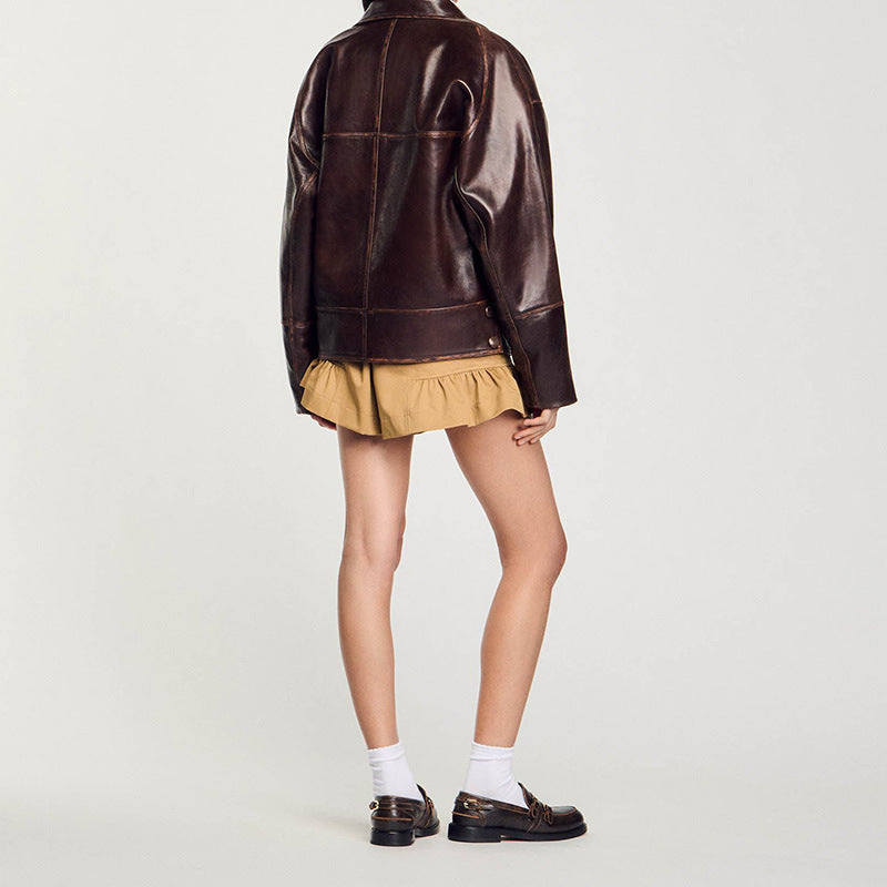 Women's Oversize Faux Leather Bomber Jacket with Round Collar and Distinctive Seam Details Chichicherry