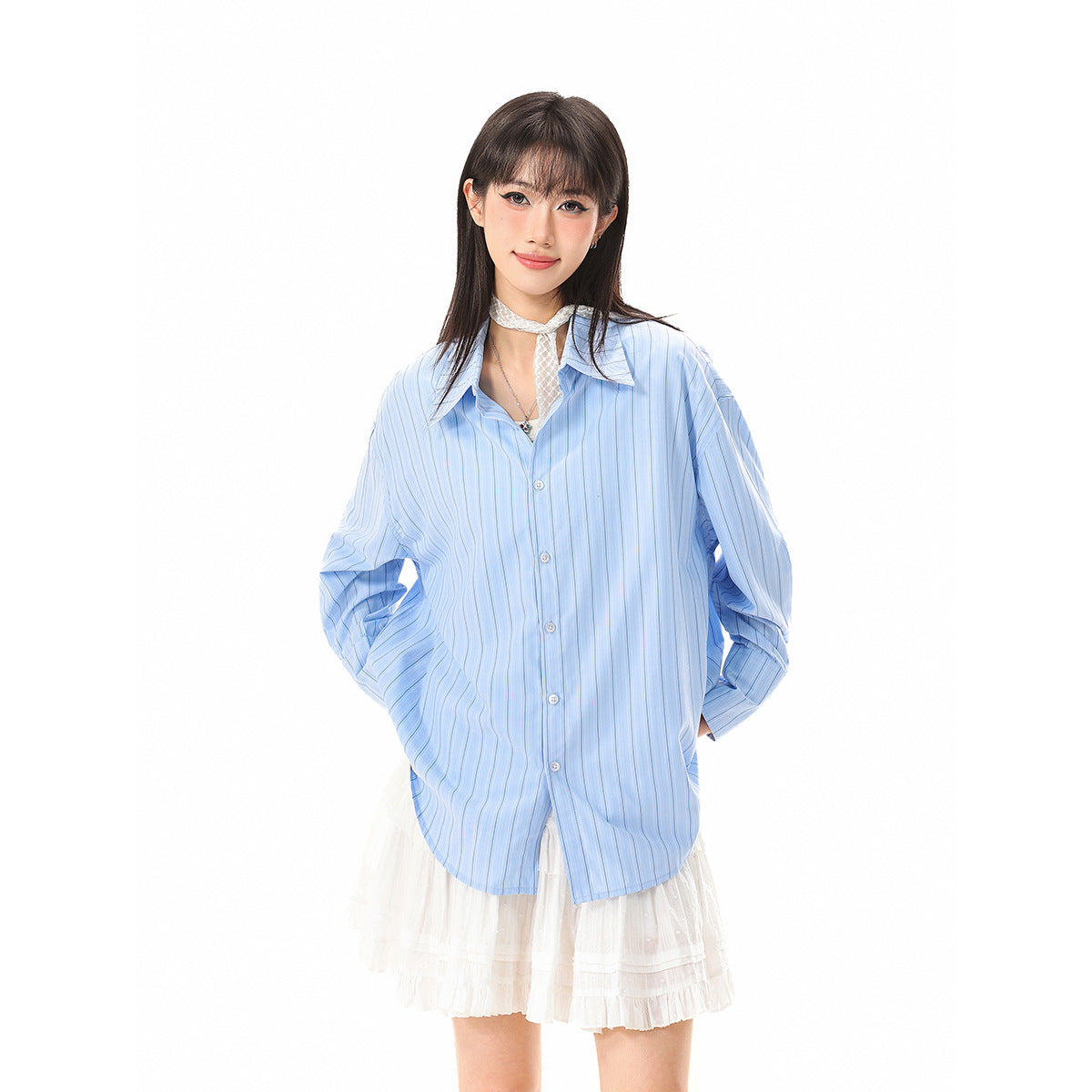 Women's Relaxed-Fit Boxy Shirt Blouse with fine ribbed texture and extended back hem Chichicherry