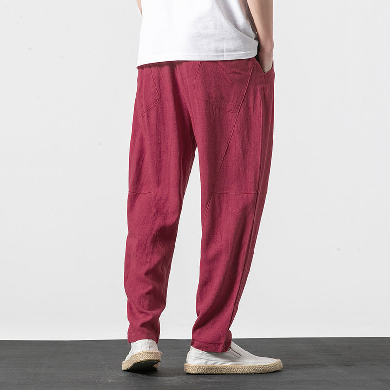 Men's Soft Linen Blend Lounge Pants with Dropped Crotch, Elastic Waistband, and Tapered Leg Chichicherry