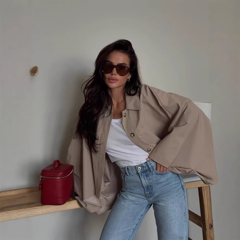 Women's Oversized Cropped Jacket with Voluminous Bat Sleeves and Shirt Collar Chichicherry