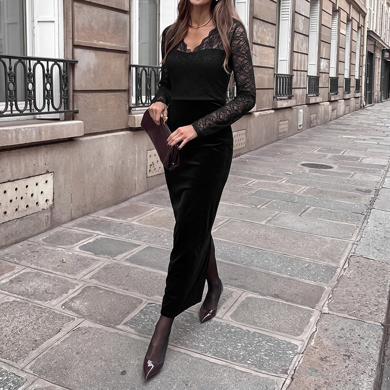 Women's evening dress with transparent lace sleeves, velvet skirt, and illusion heart neckline Chichicherry