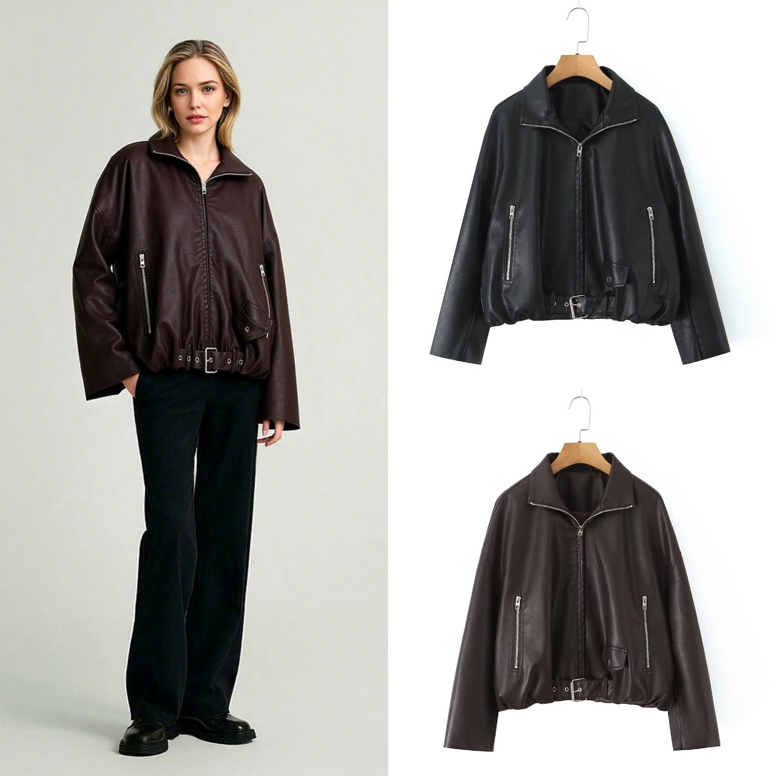 Women’s cropped oversized leather jacket in bomber style with zippered pockets and waist belt Chichicherry