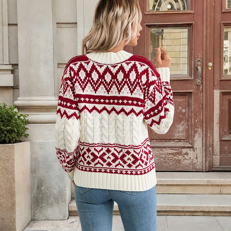 Women’s Patterned Norwegian Sweater with Cable Knit and Ribbed Cuffs Chichicherry