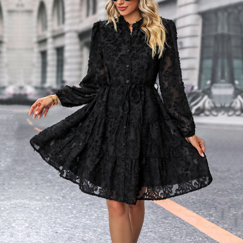 Women's Textured Blouse Skater Dress with Ruffle Layers, Full Button Placket and Waist Tie