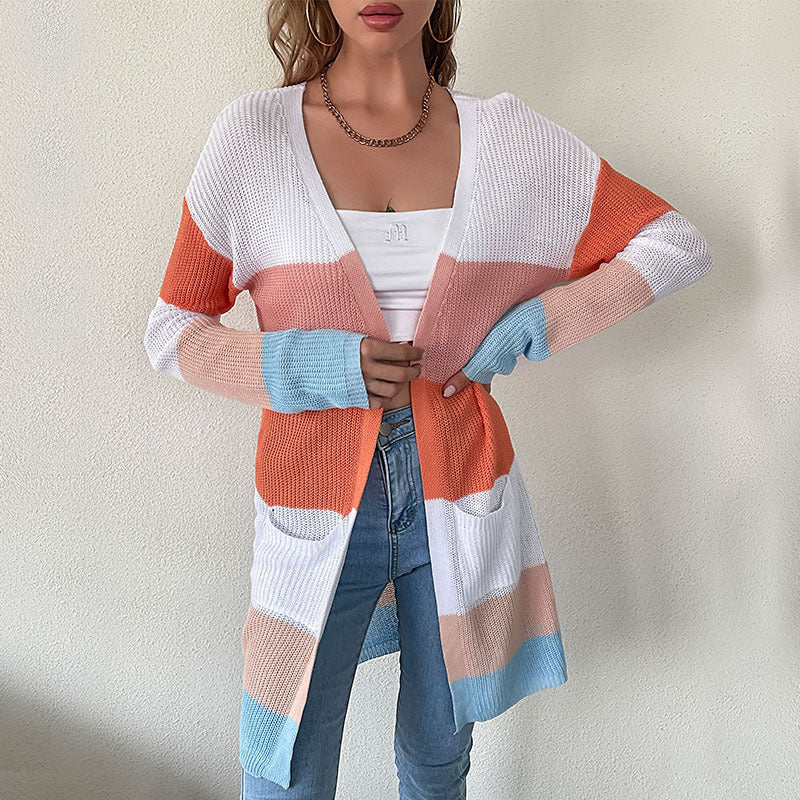 Women's Long Block Stripe Knit Cardigan with Open Cut, Pockets, and Light Ajour Structure Chichicherry
