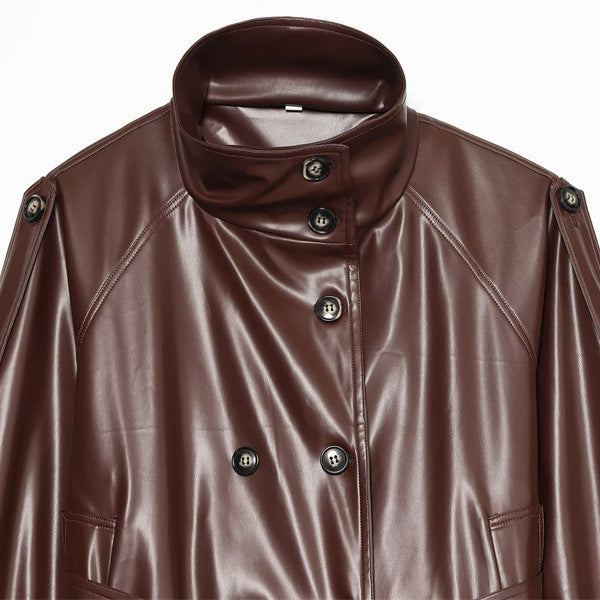 Women's Cropped Faux Leather Blouson with High Collar, Double Button Placket and Tie Belt Chichicherry