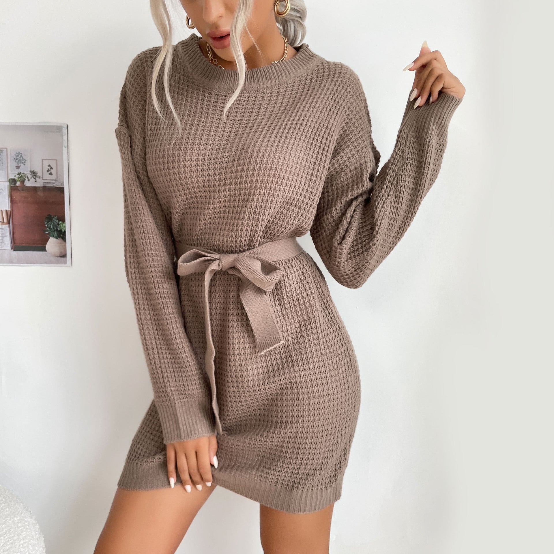 Women's waffle knit mini dress with drawstring waist belt and ribbed hem Chichicherry
