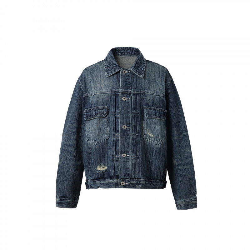 Men's Oversize Vintage Denim Jacket with Used Effect and Chest Pockets Chichicherry