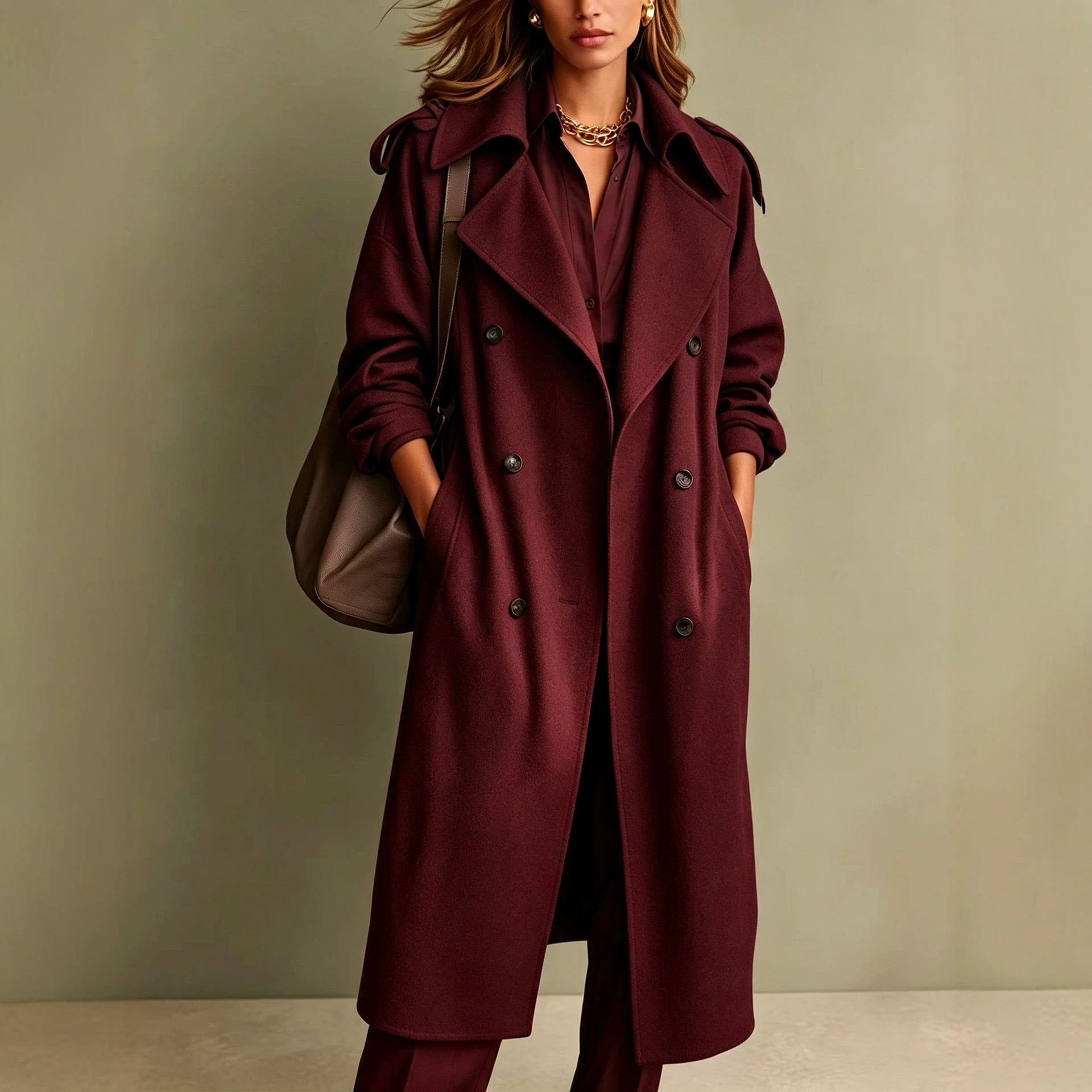 Women's Oversized Double-Breasted Wool Coat with Wide Lapels Chichicherry