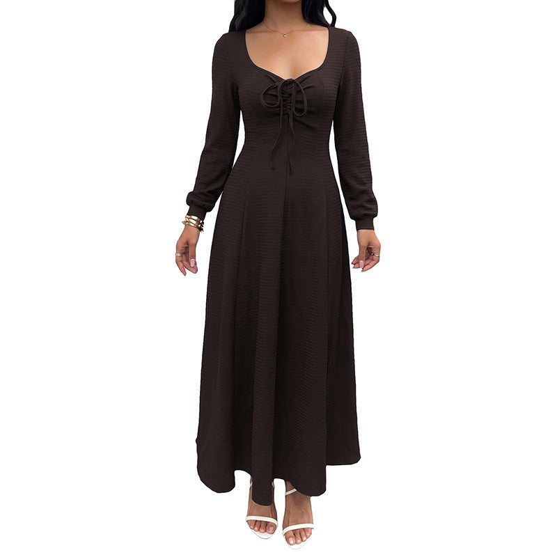 Women's midi dress made of ribbed fine knit with lace-up neckline, fitted A-line and long sleeves