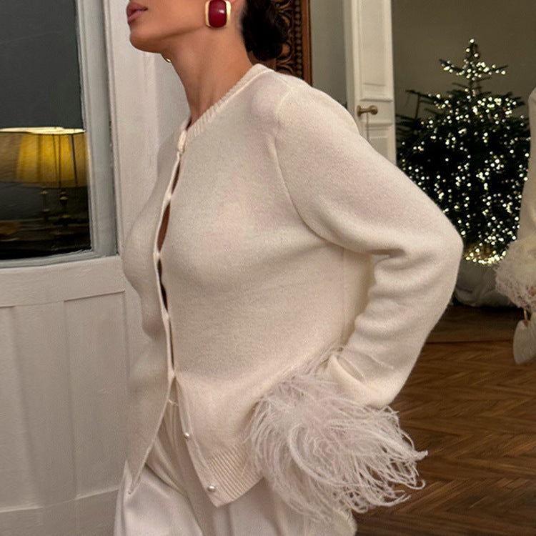 Women's Pearl Button Cardigan with Faux Feather Cuffs Chichicherry