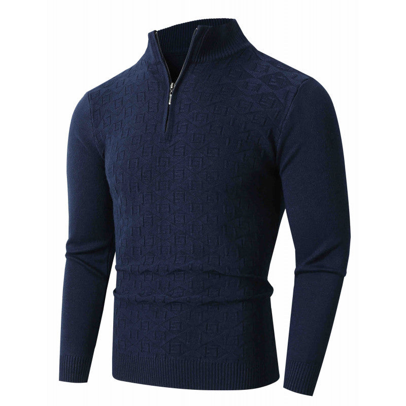 Men's Slim-Fit Fine Knit Half-Zip Sweater with Stand Collar and Geometric Relief Chichicherry