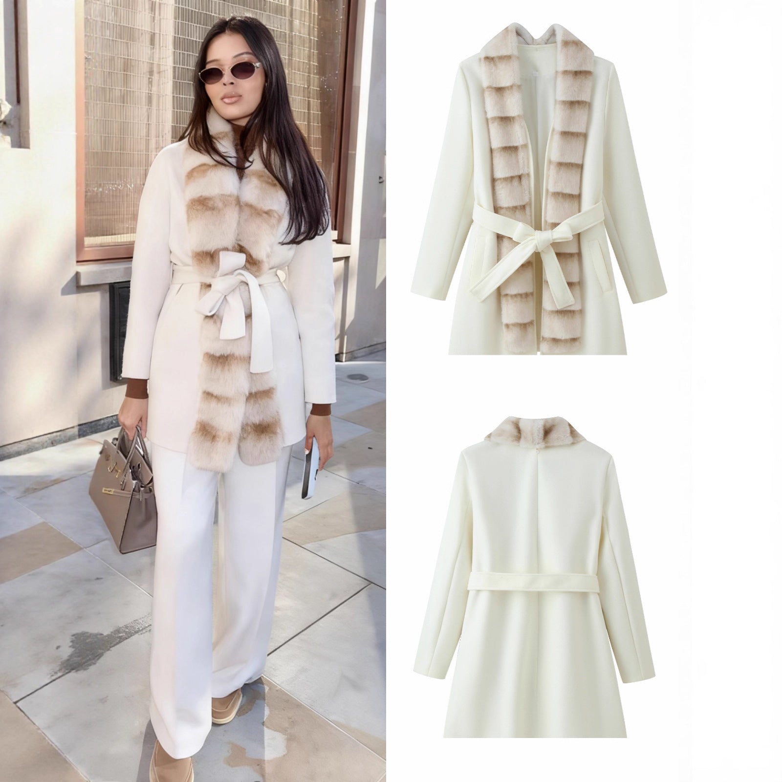 Women's Tailored Wool Blend Coat with Tie Belt and Removable Faux Fur Shawl Collar Chichicherry