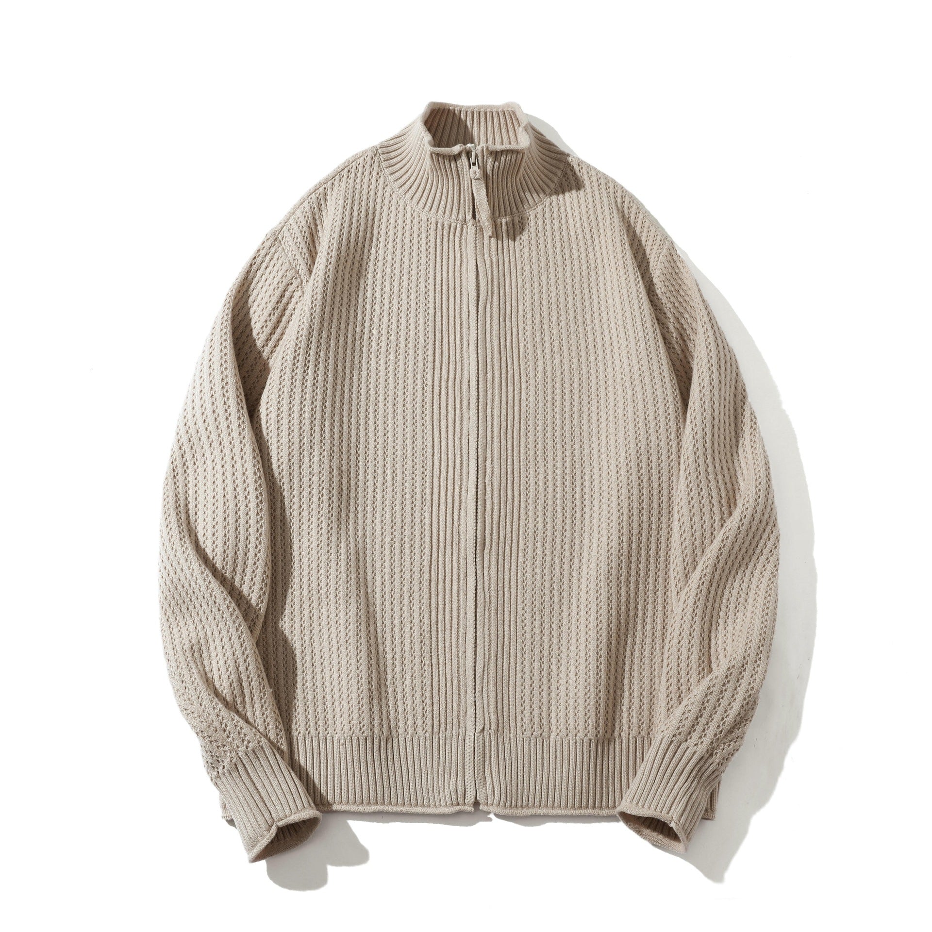 Unisex Structured Zip Sweater with High Ribbed Collar and Purl Pattern Chichicherry