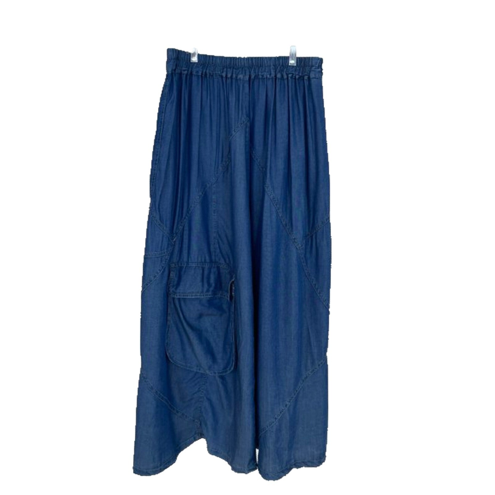 Women's Long Denim Maxi Skirt with Elastic Drawstring Waistband and Attached Cargo Pocket Chichicherry