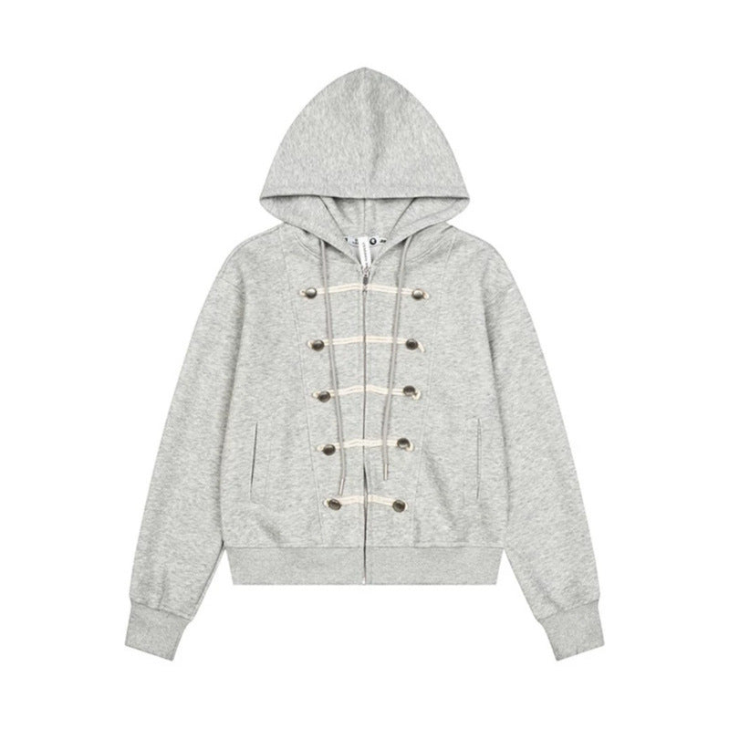 Women's hooded sweatshirt jacket with full-length zipper, decorative cord eyelet detailing and military detail Chichicherry