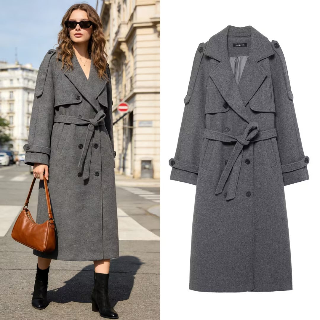 Women's long double-breasted wool coat with belted waist and shoulder flaps Chichicherry
