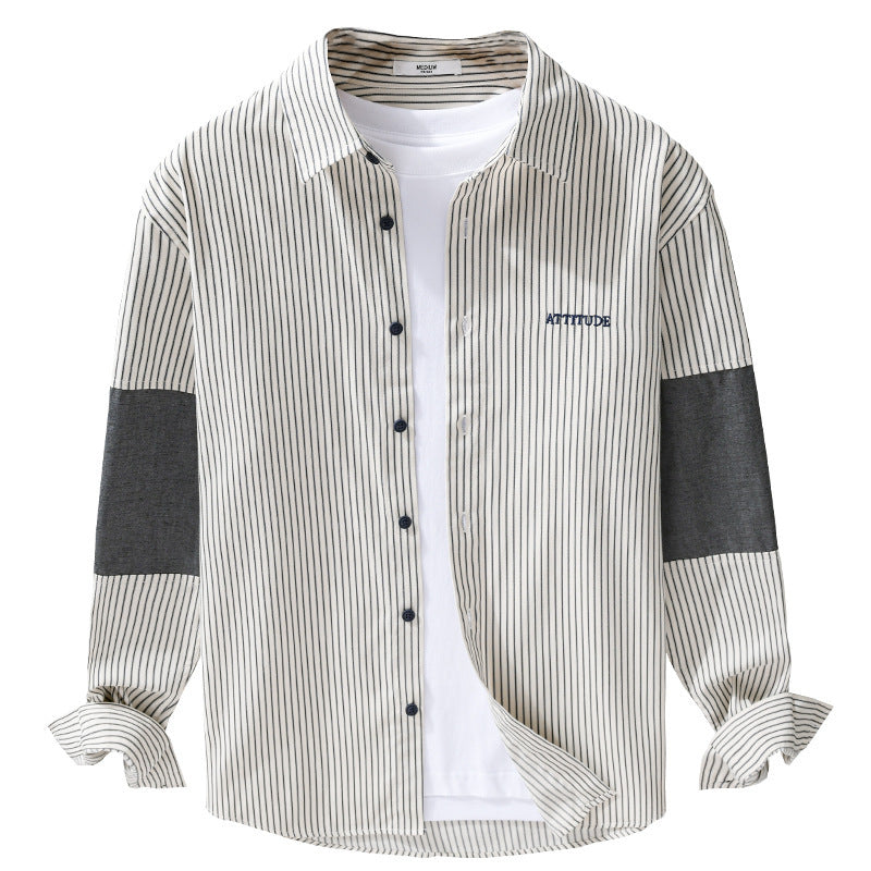 Men's Long Sleeve Shirt with Fine Pinstripes, Contrast Elbows and Rounded Hem Chichicherry