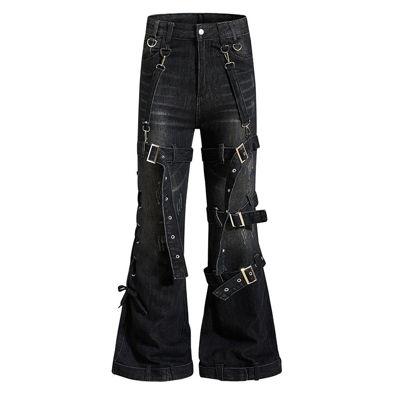 Women's Bondage-Flared-Jeans with decorative buckles, straps and used look Chichicherry