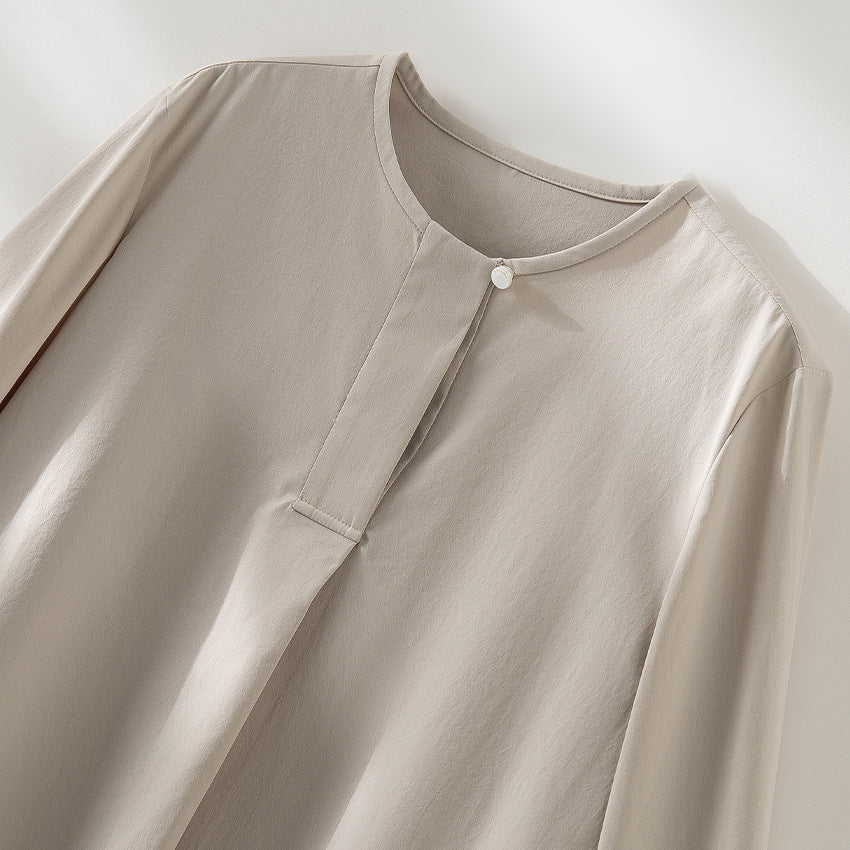 Ladies Casual Long Sleeve Blouse with Hidden Button Placket and Layered Hem Chichicherry