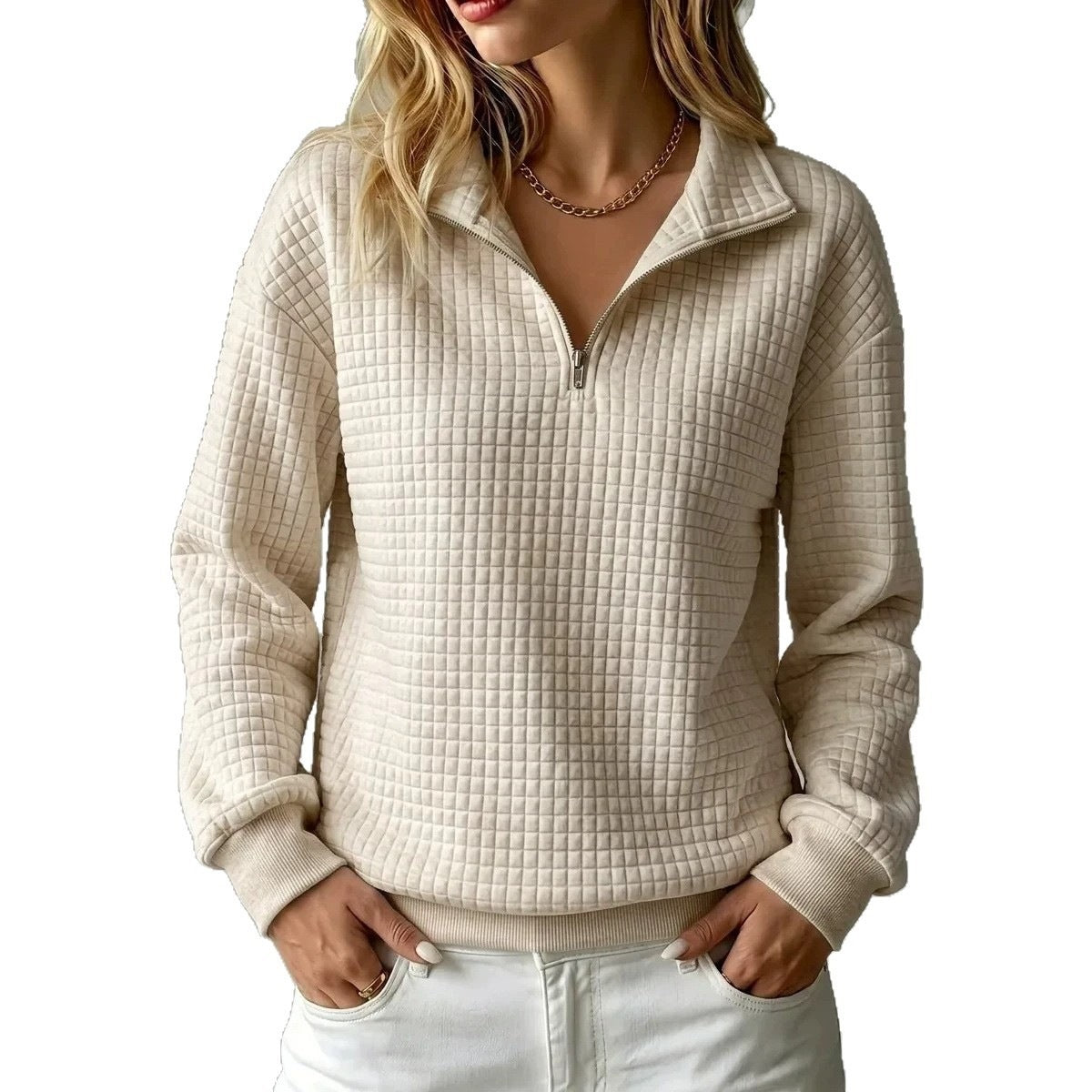 Women's Quilted Half-Zip Sweatshirt with Check Pattern and Stand-Up Collar Chichicherry