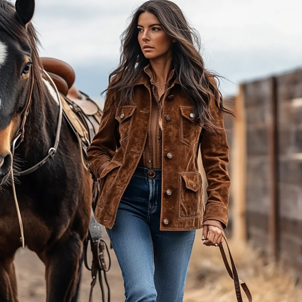 Women's short jacket in ranch-worker look made of suede look with flap pockets and visible button placket Chichicherry