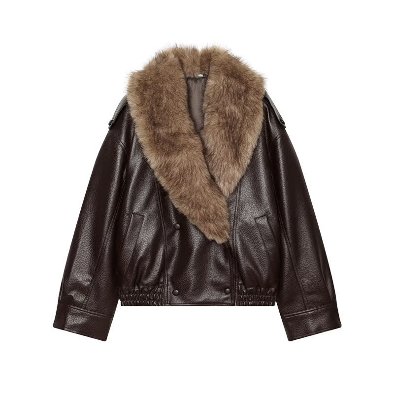 Women’s short-cut leather jacket with full fur collar and elastic hem Chichicherry