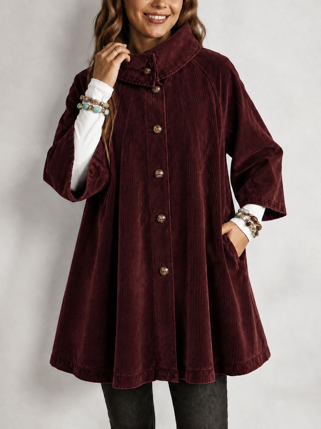 Women's cord coat with stand-up collar, A-line and patch pockets Chichicherry