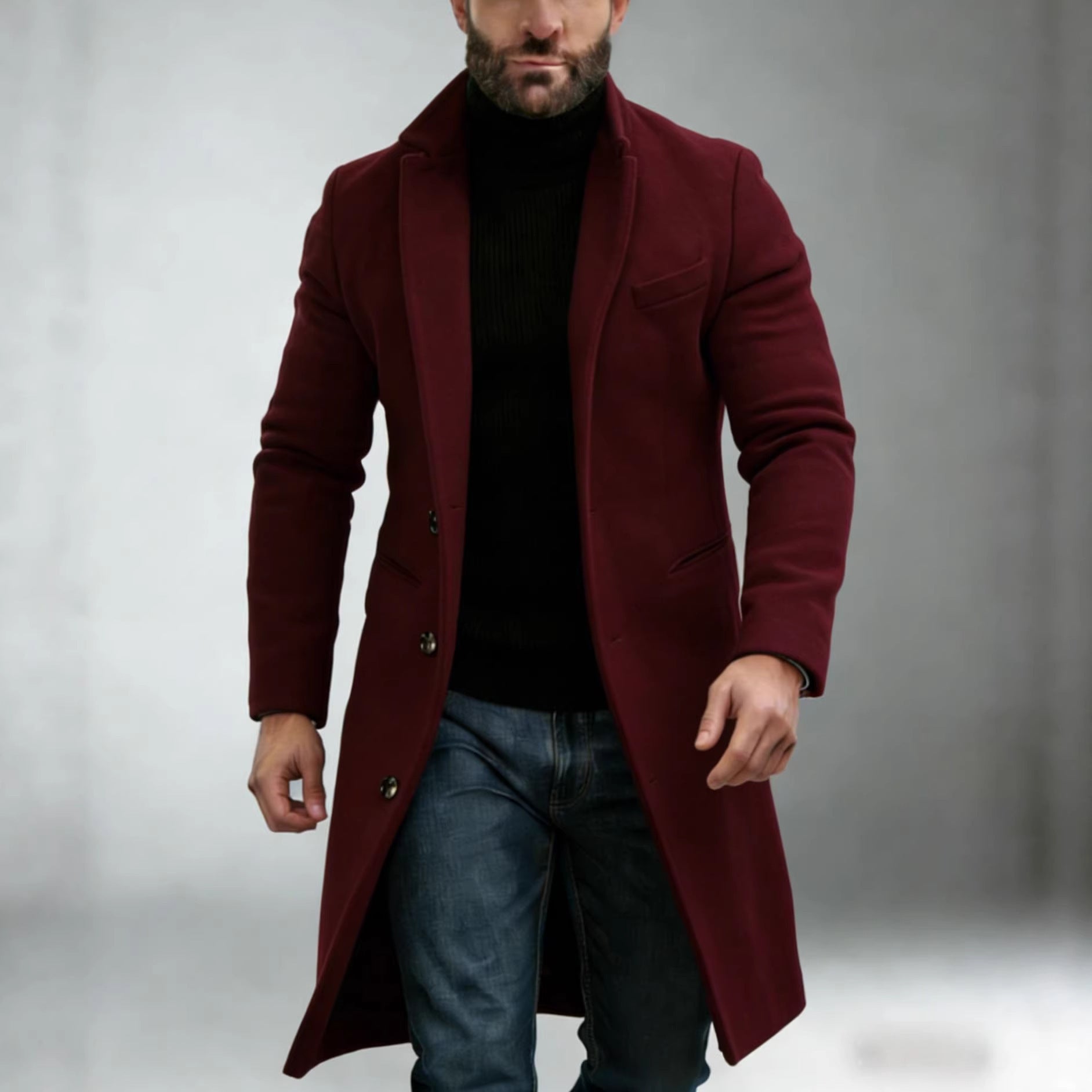 Men's Elegant Single-Breasted Long Coat Made of Wool Blend with Slim Silhouette and Lapel Collar Chichicherry