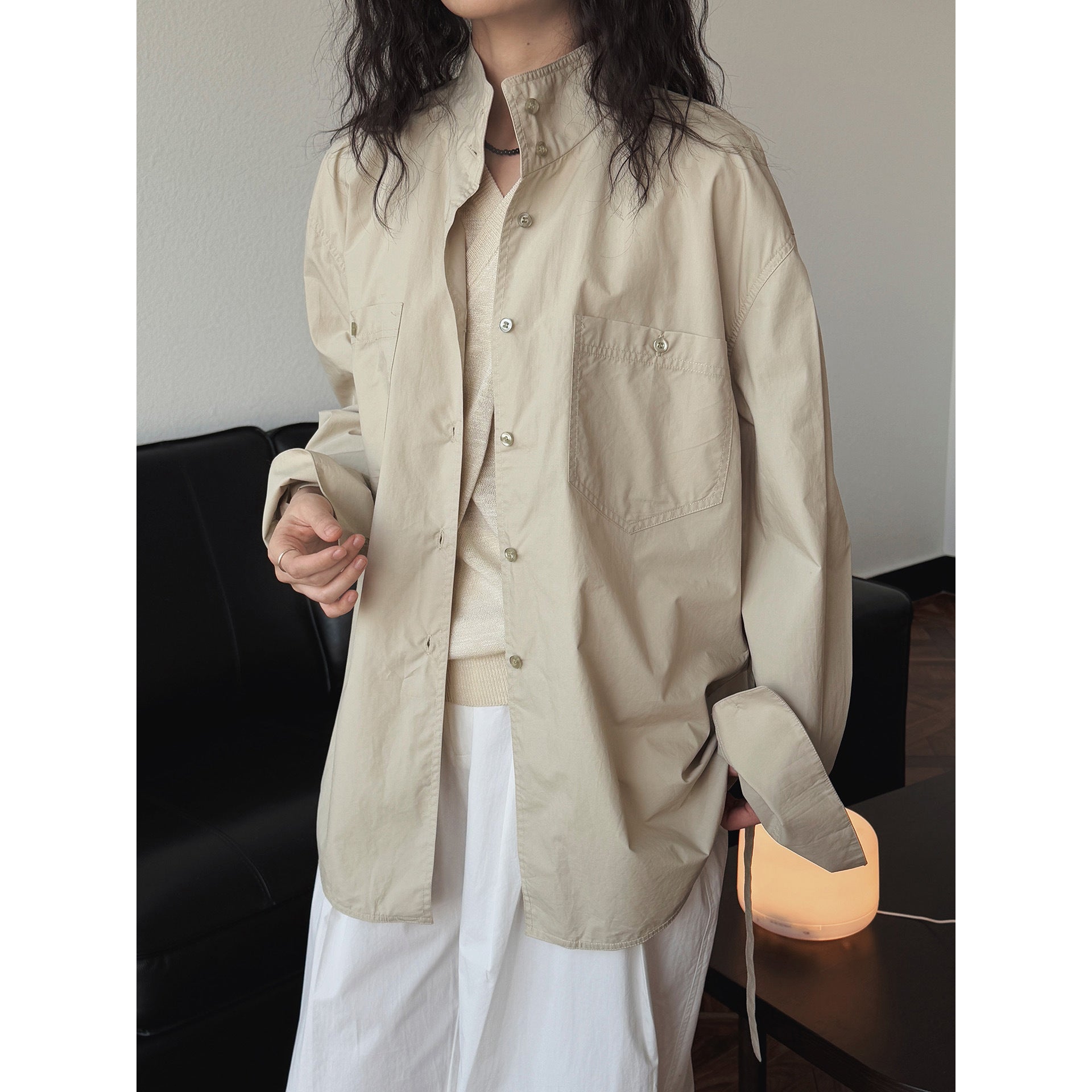 Women's Relaxed Shirt Jacket in Boxy Cut with Stand Collar and Chest Pocket Chichicherry
