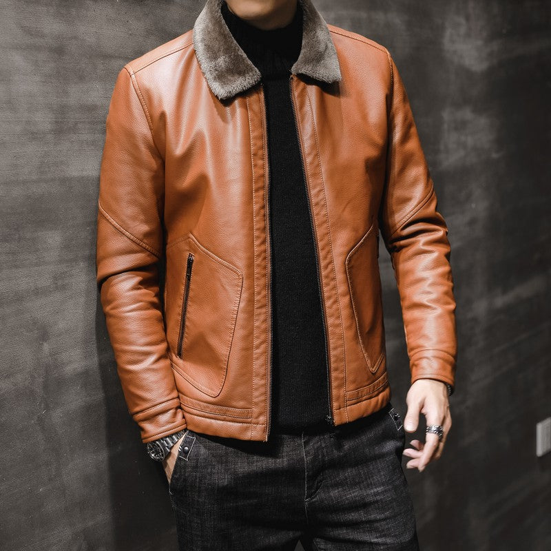 Men's Premium Faux Leather Flight Jacket with Contrasting Teddy Collar and Concealed Zipper Placket Chichicherry