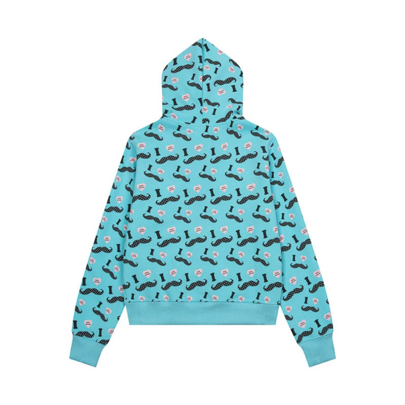 Women's Short Hooded Sweat Jacket with Graphic Print, Ribbed Cuffs, and Kangaroo Pockets Chichicherry