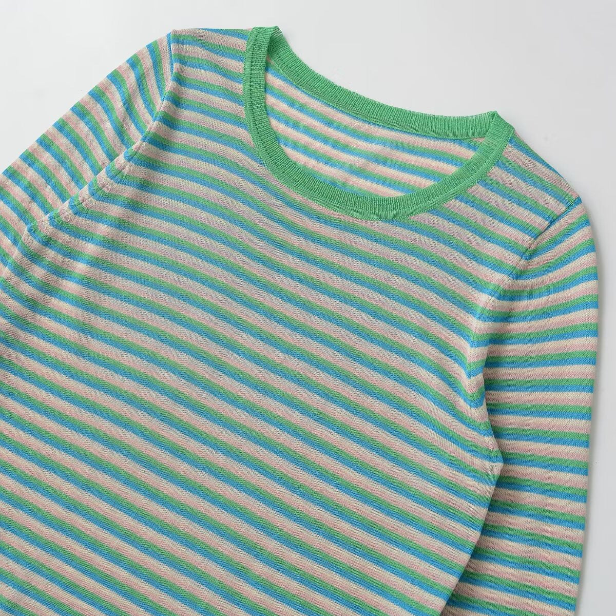 Women Striped Fine Knit Long Sleeve Shirt with Round Neckline and Figure Flattering Silhouette Chichicherry
