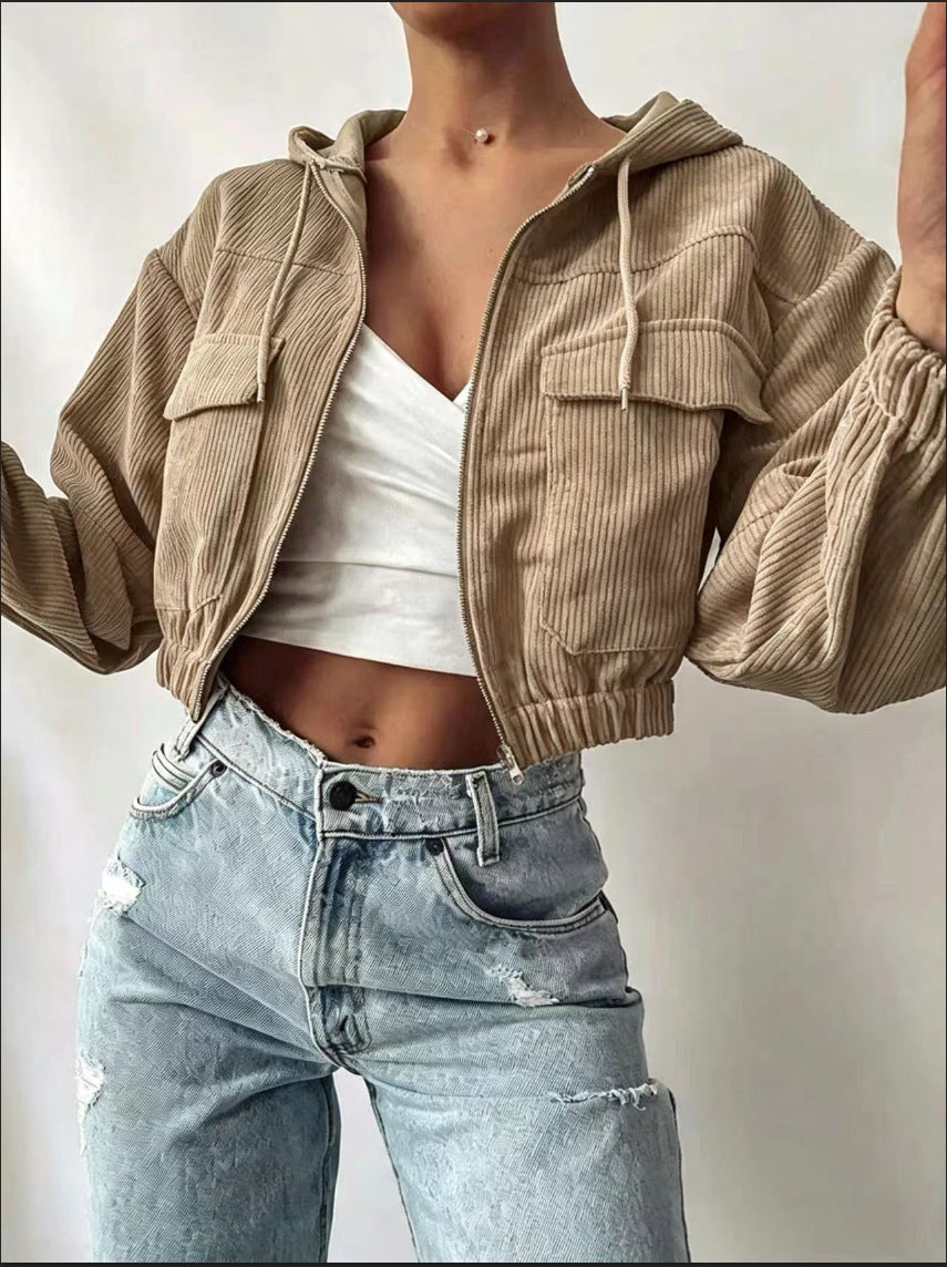 Women's cropped hoodie made of ribbed fabric with zipper and balloon sleeves Chichicherry