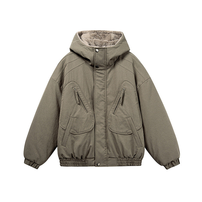 Unisex Short Cut Insulated Jacket in Boxy Cut with Teddy Inner Lining and Diagonally Inserted Zipper Pockets Chichicherry