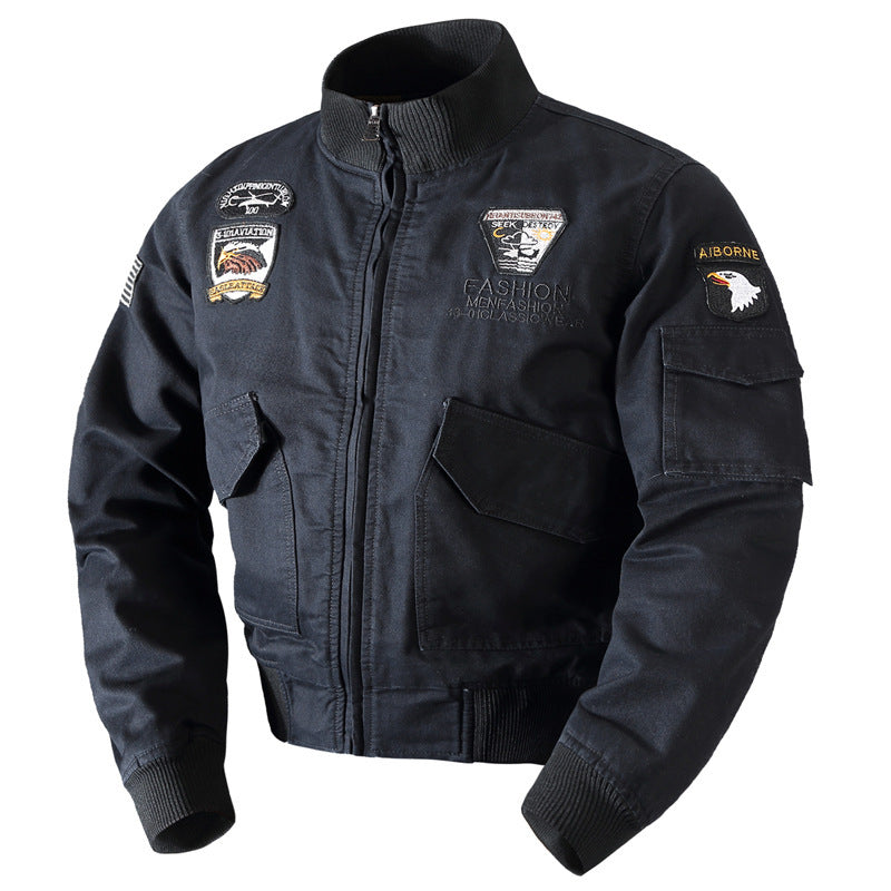 Men's Canvas Pilot Jacket in Field Style with High Collar, Patch Applications and Multi-Purpose Pockets Chichicherry