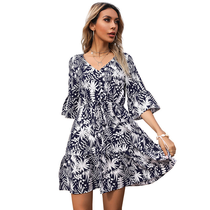 Women’s V-Neck Fitted Summer Dress with Ruffle Sleeves and Tropical Print Chichicherry