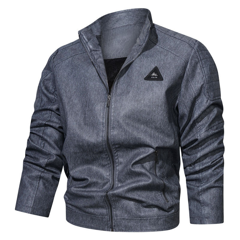 Men's Denim Look Bomber Jacket with Stand-up Collar, Quilted Shoulder Yoke and Zipper Chichicherry