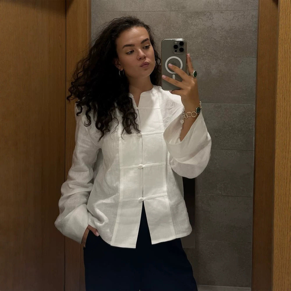 Women Oversized Linen Blouse with Mandarin Collar, Concealed Button Placket and Three-Quarter Sleeves Chichicherry