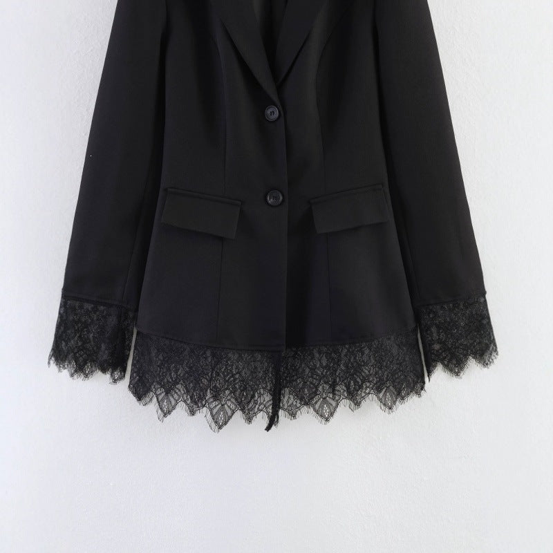Women tailored blazer with lace trim and flared hem Chichicherry